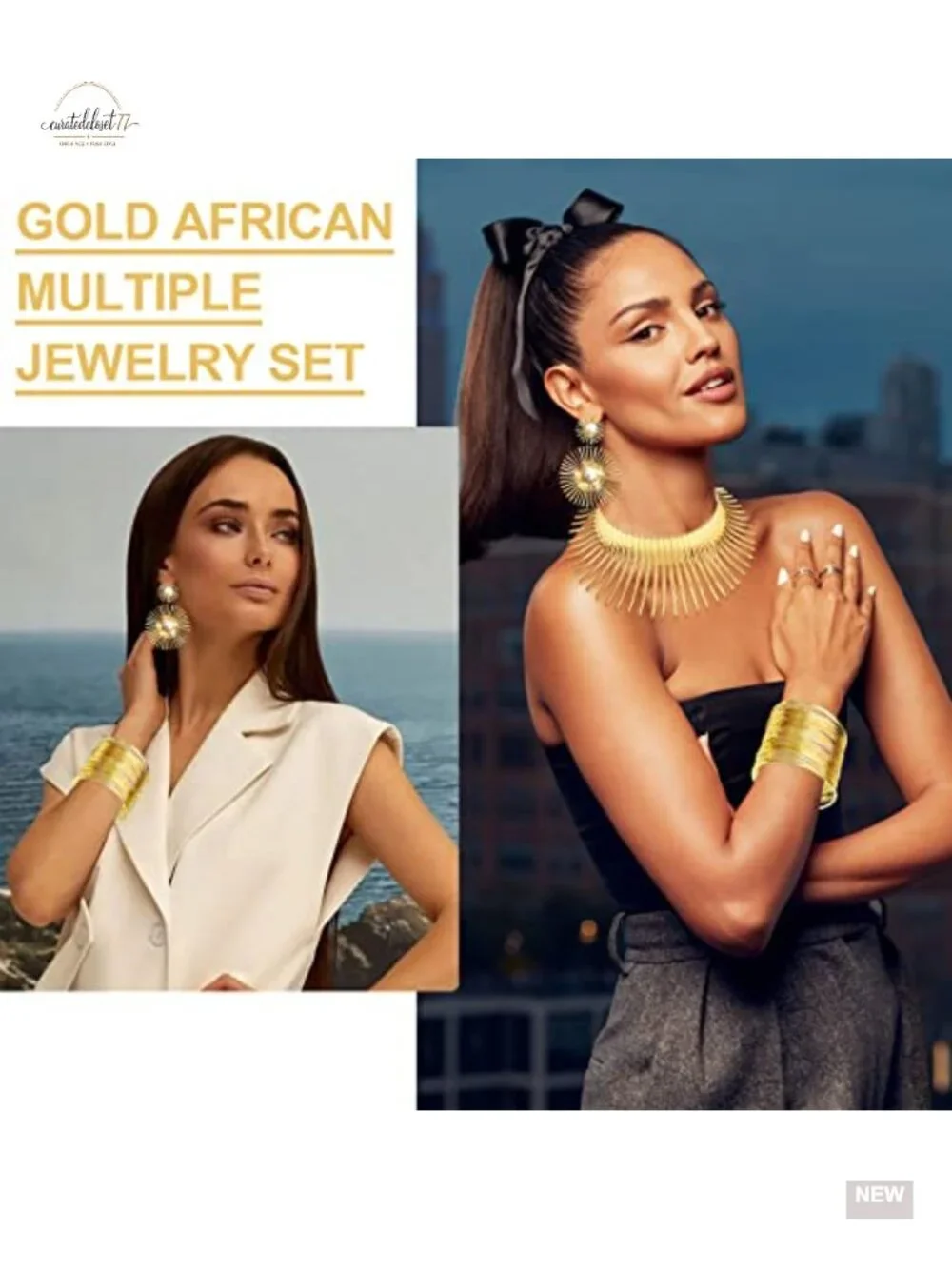 Gold Plated Bib Choker Necklace Cuff Bracelet Geometric Earrings Set Punk